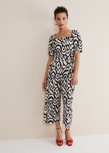 Phase Eight Sara Ikat Wide Leg Jumpsuit Black/Cream USA | 4731908-SA